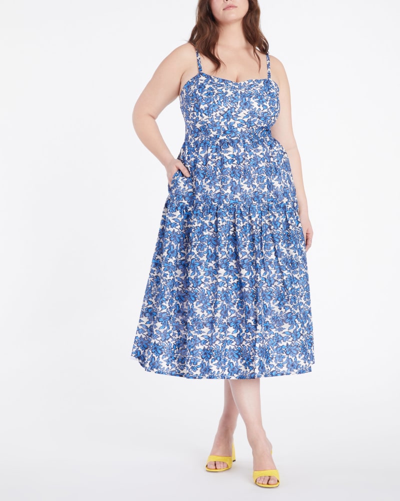 Front of a model wearing a size 12 Verona Dress in Maritime Blue/Off White Multi by Tanya Taylor. | dia_product_style_image_id:347045